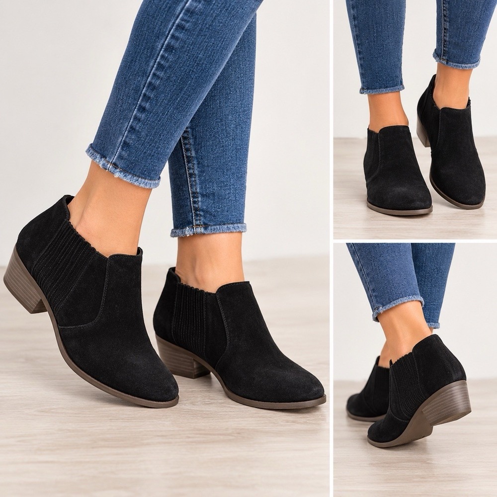Lucky Brand Women's Black Folley Suede Block Heel Slip On Ankle Booties 8 1/2 M